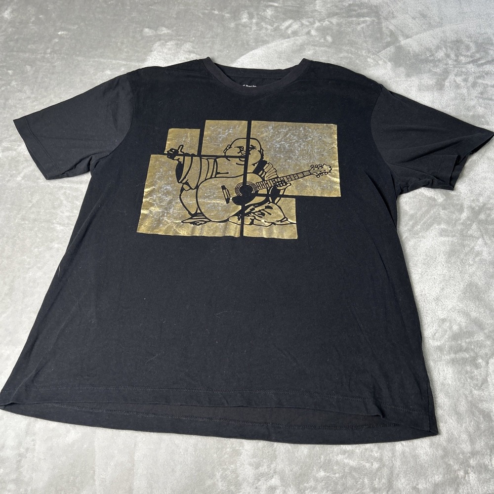 Men's XL TRUE RELIGION Black T-Shirt Gold Abstract Guitar Buddha